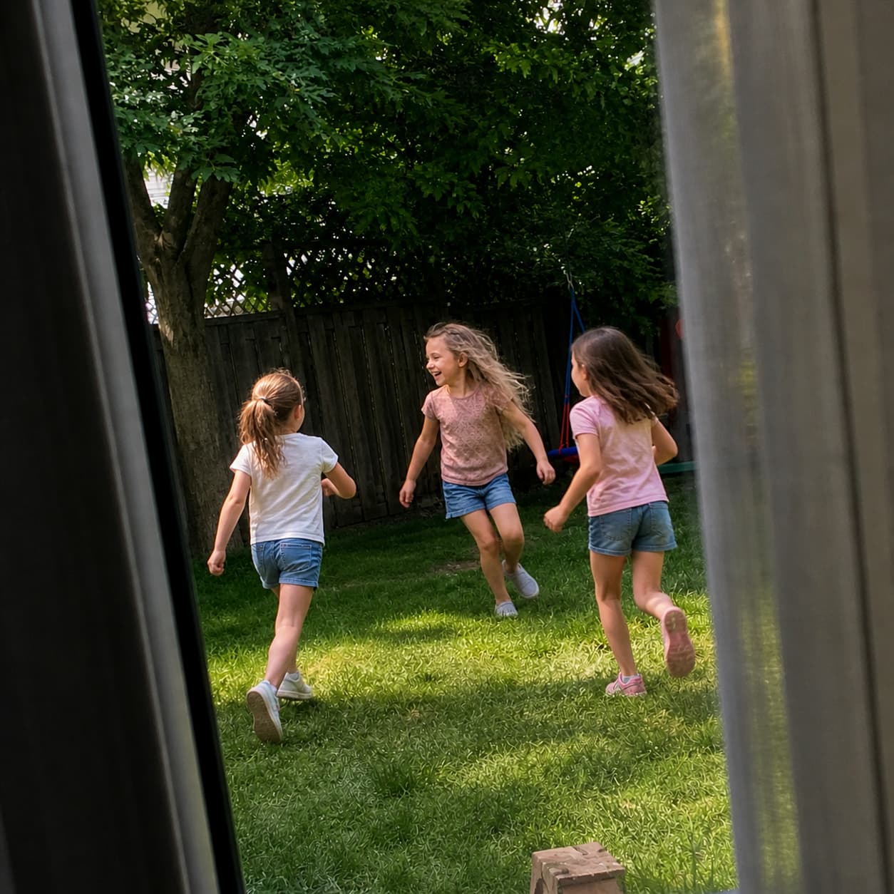 Leo's daughter running and laughing happily in the yard, free from her cough